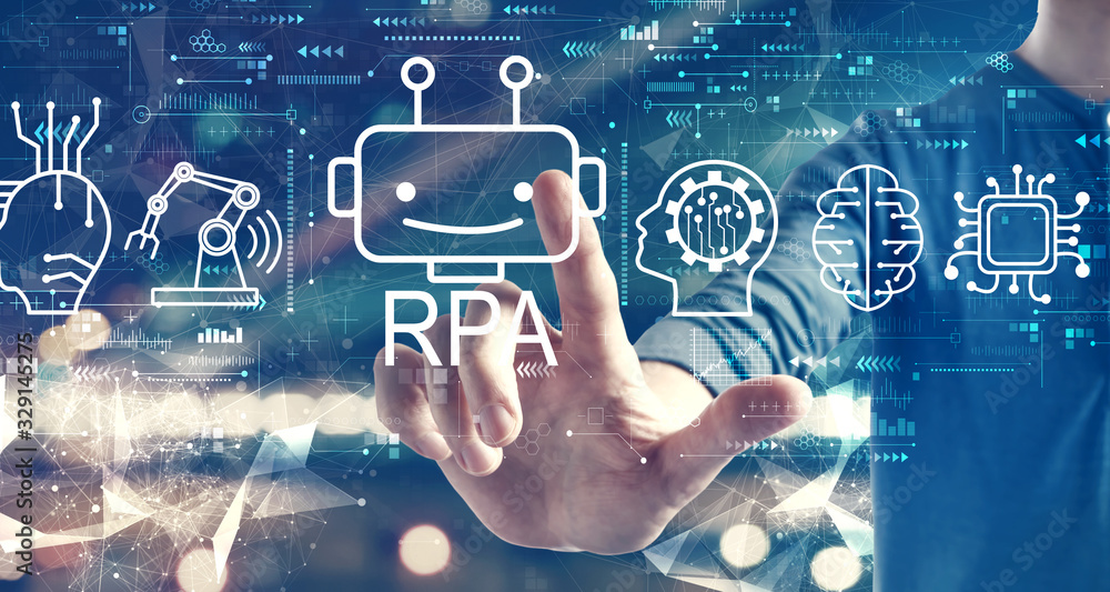 Poster robotic process automation concept with a man on blurred city background