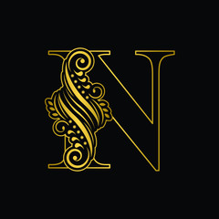 Gold letter  N. Vintage golden flower ornament initial letters.  Alphabet. Logo vector 