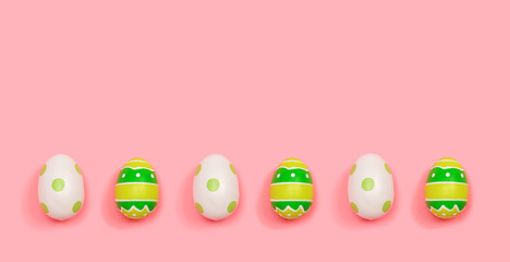 Colorful Easter eggs overhead view flat lay
