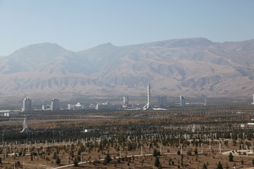 skyline of beautiful architecture and parks in Ashgabat the capital city of Turkmenistan in Central Asia