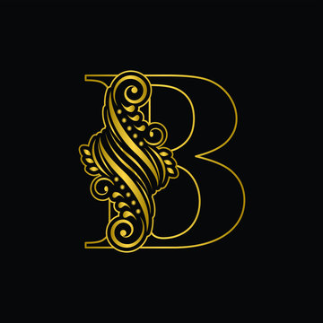 Gold letter  B. Vintage golden flower ornament initial letters.  Alphabet. Logo vector 