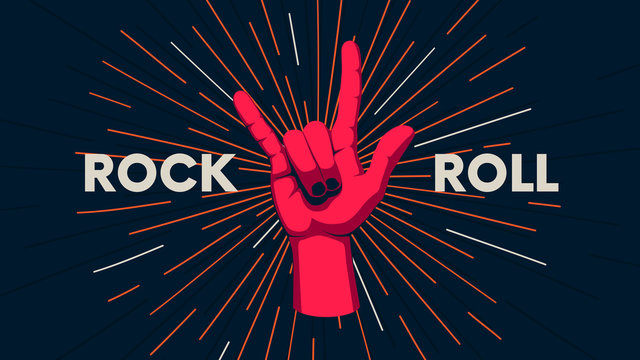 Gesture of a human hand against the background of the sunburst, movement of the fingers, motivating vector poster with the slogan Rock'n'Roll