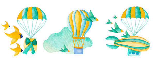 set of 3 airplanes, clouds and birds, water olor illustration