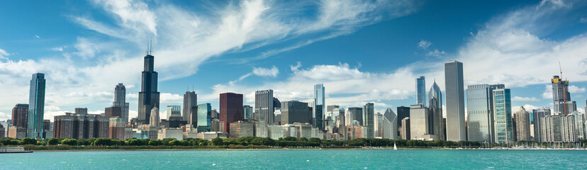 Chicago panoramic cityscape looking out from the Adler Planetarium across Lake Michigan in Illinois...