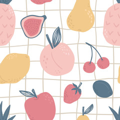 Fruit seamless pattern in cute childish style. Pear, lemon, peach, cherry, strawberry, plum, apple, pineapple, fig. Tropical food. Perfect for printing fabric, menu card or nursery design.