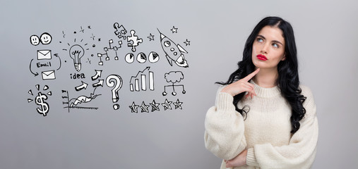 Fototapeta premium Business strategy ideas with young woman in a thoughtful face