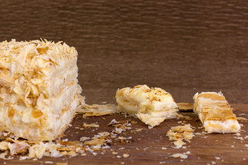 puff pastry Napoleon cake on a wooden tray