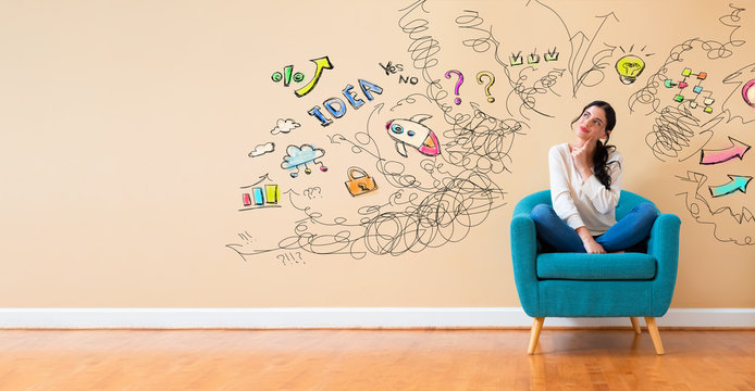 Many thoughts with woman in a thoughtful pose in a chair