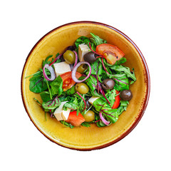healthy salad olives, lettuce, tomato and cheese feta (greek salad, tasty vegetables snack) menu concept background. top view. copy space for text