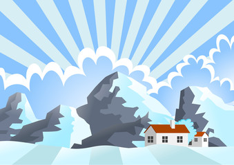 Winter Landscape Under Snowy Mountains, Cartoon Illustrations