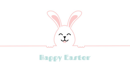 Happy Easter banner with cure smiling bunny. Greeting card, poster or banner with bunny, flowers and Easter egg. Egg hunt poster. Spring background