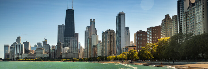 Fototapeta na wymiar Chicago cityscape across Lake Panoramic of Michigan and Lake Shore Drive in Illinois USA