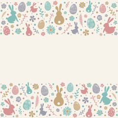 Colourful Easter eggs, bunnies and flowers on white background with copyspace. Vector