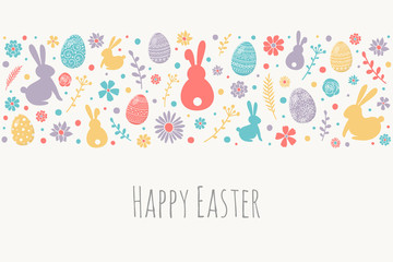 Fototapeta na wymiar Happy Easter. Greeting card with decorative eggs, bunnies and flowers on white background. Vector