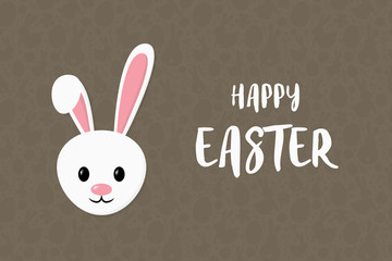 Happy Easter. Greeting card with smiley bunny on brown background with pattern. Banner. Vector