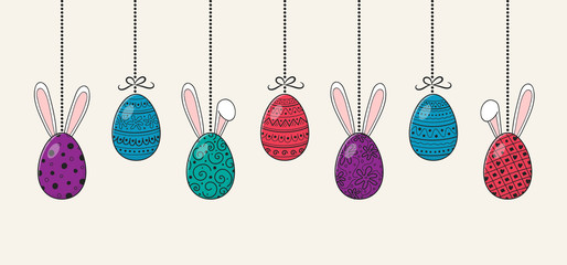 Concept of Easter decoration with hanging eggs and bunnies. Vector