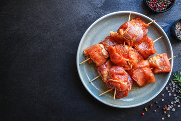 raw meat pork or beef in a plate on the table (preparing healthy food, marinade and spices paprika) menu concept background. top view. copy space for text
