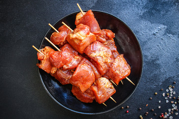 raw meat pork or beef in a plate on the table (preparing healthy food, marinade and spices paprika) menu concept background. top view. copy space for text