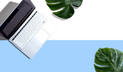 Laptop computer with tropical plants - flat lay