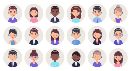 Call center operator icon. Vector. Service agent customer avatar in headset. Support manager in headphone. Flat design. People faces isolated in circle. Cartoon illustration. Online contact help.