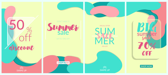 Set of vector abstract backgrounds for instagram stories, banners, social networks, web. Blue, pink, yellow colors. The concept of summer, discounts, sale.