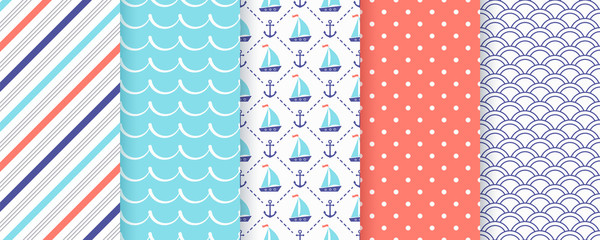 Nautical seamless pattern. Vector. Marine, sea backgrounds with sailboat, anchor, stripe, wave and polka dot. Set summer texture. Geometric blue print for baby shower, scrapbooking. Color illustration