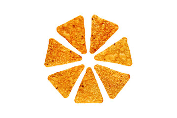 Nachos or nacho chips designed in a round shape on isolated white background. Snack time concept.