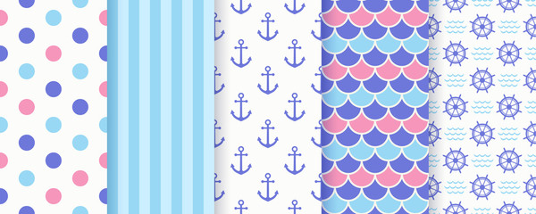 Marine seamless pattern. Vector. Nautical Sea backgrounds with anchor, wheel, polka dot, stripe and fish scale. Set blue summer prints. Geometric texture for baby shower, scrapbook. Color illustration