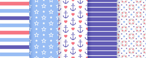 Fototapeta premium Nautical seamless pattern. Vector. Marine sea backgrounds with anchor, Lifebuoy, stripes, star. Set blue summer prints. Geometric texture for baby shower, scrapbooking. Color illustration