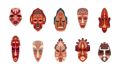 Cartoon Color African Ethnic Tribal Masks Icon Set. Vector