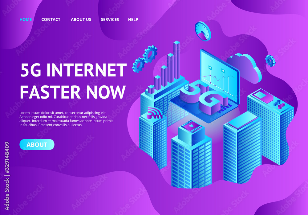 Aufkleber internet faster now concept card landing web page template. vector