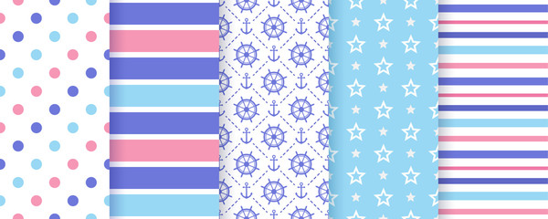 Nautical seamless pattern. Vector. Sea backgrounds with anchor, wheel, polka dot, stripe and star. Set blue summer prints. Geometric texture for baby shower, scrapbook. Color illustration