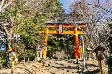 Orange Torii leading to Chureito Pagoda in Japan. The torri has bright orange color, tress surrounding it from each side. The torii is lighted up with sunlight. Small lanterns on the side.