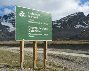 Signboard with mountain range in the background, Icefield Parkway, Alberta, Canada - 329148638