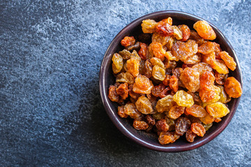 raisins, delicious dried grapes (fresh fruit vitamins) menu concept background. top view. copy space for text