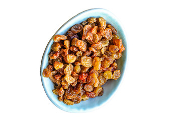 raisins, delicious dried grapes (fresh fruit vitamins) menu concept background. top view. copy space for text