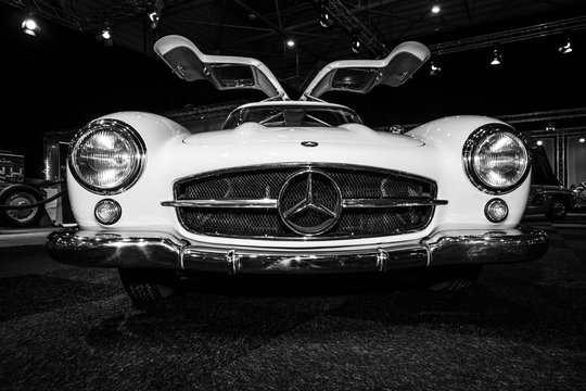 MAASTRICHT, NETHERLANDS - JANUARY 08, 2015: Sports car Mercedes-Benz 300SL (W198). Black and white. International Exhibition InterClassics & Topmobiel 2015