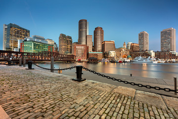 Downtown city view of Boston Massachusetts looking of the riverfront harbor from Fan Pier Park
