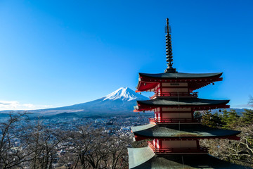 Fototapeta premium View on Chureito Pagoda and mountain of the mountains Mt Fuji, Japan, captured on a clear, sunny day in winter. Top of the volcano covered with snow. Trees aren't blossoming yet. Postcard from Japan.