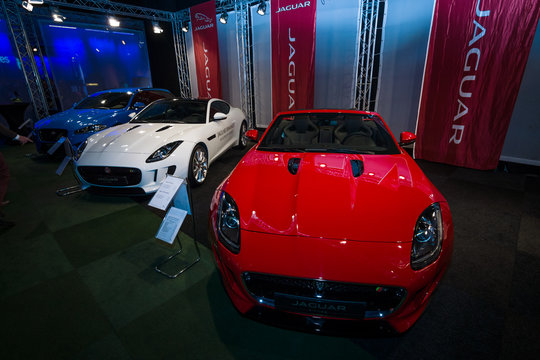 MAASTRICHT, NETHERLANDS - JANUARY 08, 2015: Sports cars Jaguar F-Type Roadster (foreground), Coupe and XF Sportbrake (background). International Exhibition InterClassics & Topmobiel 2015