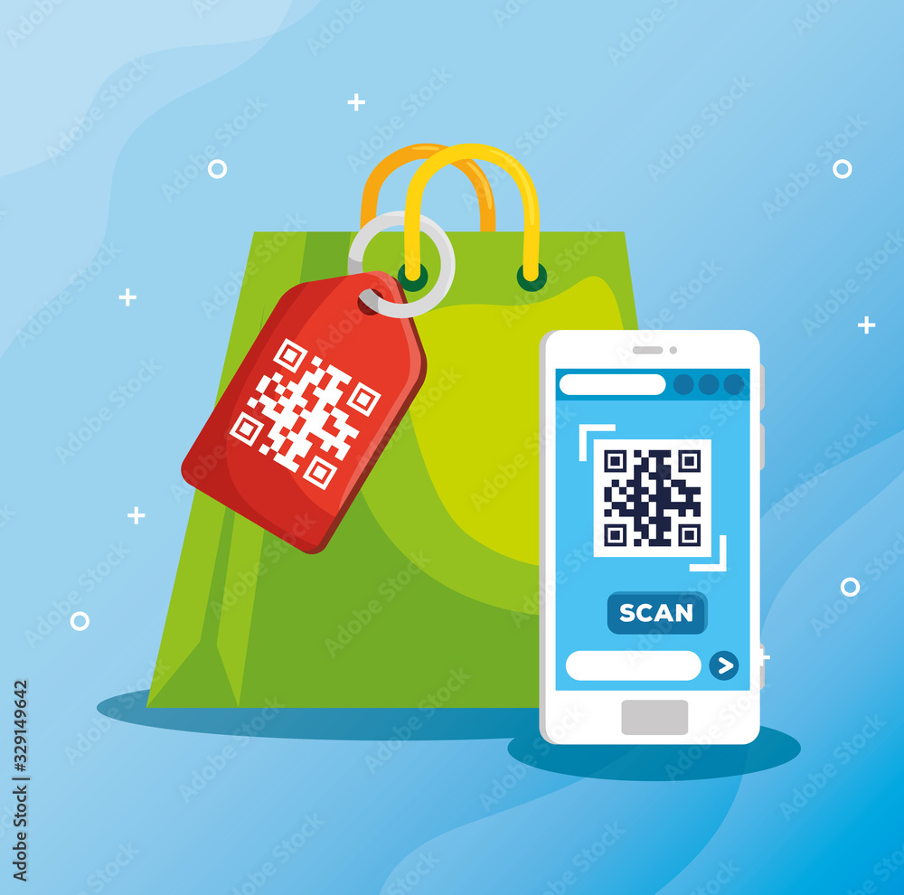 Poster scan code qr with smartphone and bag shopping vector illustration design