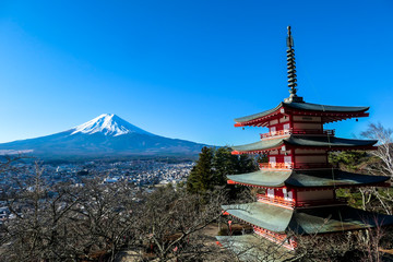 View on Chureito Pagoda and mountain of the mountains Mt Fuji, Japan, captured on a clear, sunny day in winter. Top of the volcano covered with snow. Trees aren't blossoming yet. Postcard from Japan.