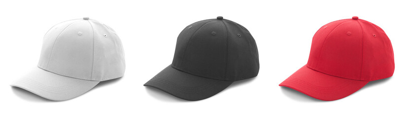 Blank white, black and red baseball cap mockup template isolated, clipping path.