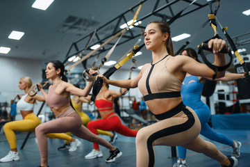 Fototapeta na wymiar Group of attractive women doing exercise in gym