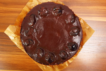 Chocolate Topped Sponge Cake with Prunes and Toffee Sauce