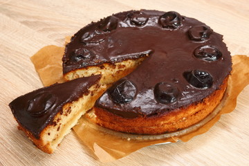 Chocolate Topped Sponge Cake with Prunes and Toffee Sauce