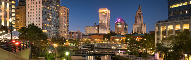 Downtown panoramic city view over the Woonasquatucket River canal in Providence Rhode Island USA