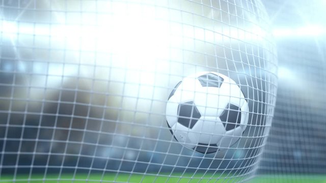 Soccer ball flies into the goal. Close-up. Background for the presentation of sports games. 3D graphics. 3D rendering