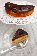 Chocolate Topped Sponge Cake with Prunes and Toffee Sauce