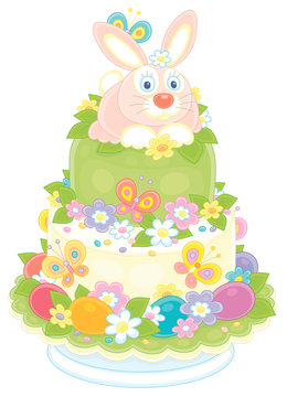 Fancy Easter cake with a cute bunny, colorful flowers, painted eggs and flittering bright butterflies, vector cartoon illustration on a white background